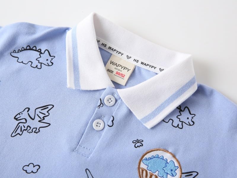 Toddler Baby Boys Short Sleeve Polo Collar T-Shirt Cute Cartoon Dinosaur Prints Shirt Tops (Blue,18 Months)
