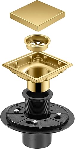 Miniatura 3 de Desagüe de suelo de ducha cuadrado cepillado oculto, dorado de 4 pulgadas, acero inoxidable 304, con brida, cubierta desmontable incrustada en