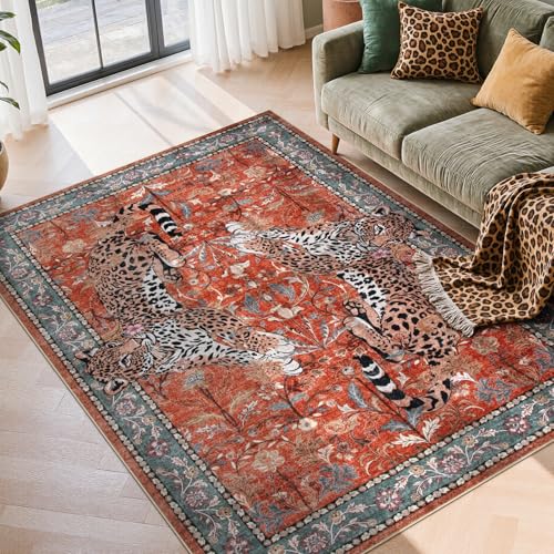 Moynesa Leopard 5x7 Area Rug, Boho Washable Living Room