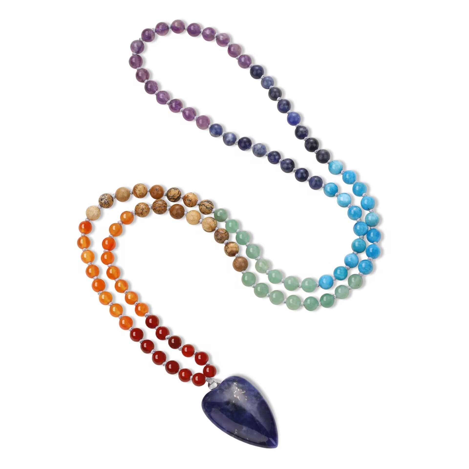 COAI Handgeknüpft 108 Mala Yoga Kette aus 7 Chakra mit Sodalith Herzanhänger für Damen