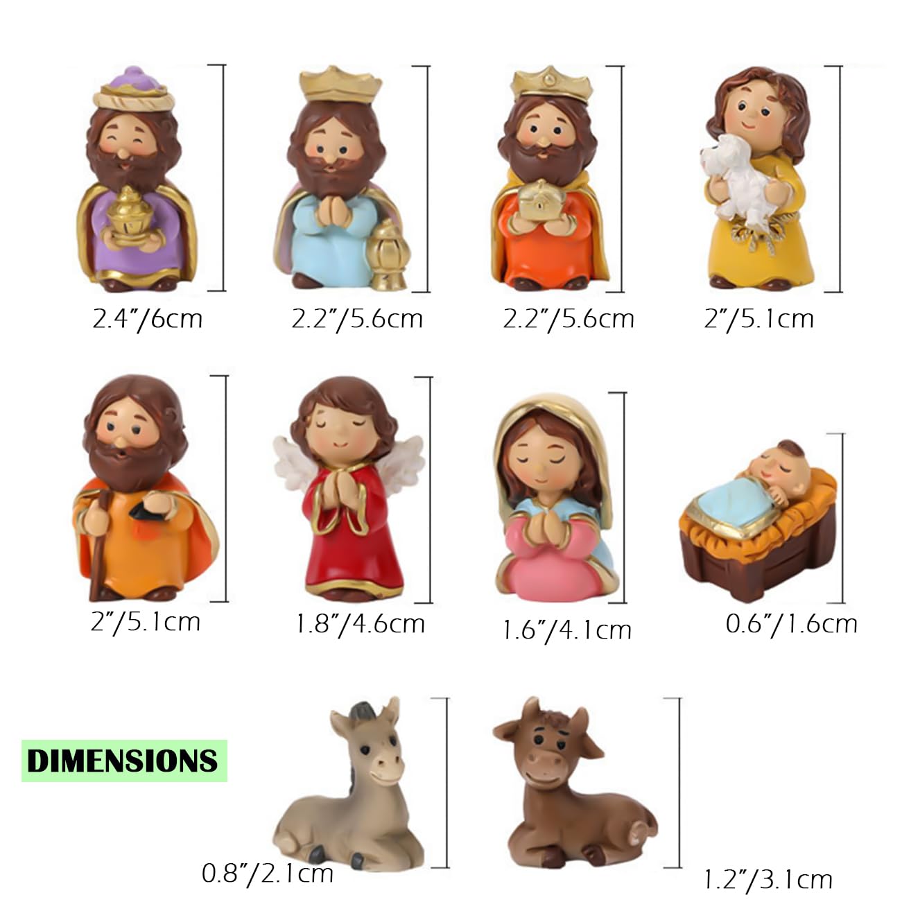 MACLARONX Mini-Krippen-Set, 10-teilig, Weihnachtskrippe, Kunstharz, kleine Figuren für den Innenbereich, mehrfarbig