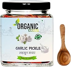 Organic Anand Natural Garlic Pickle (Lahsun Ka Achar), Homemade No Artificial Colors Aachar (Tangy and Delicious) with Neemwood spoon (250gm-Pack of 1)