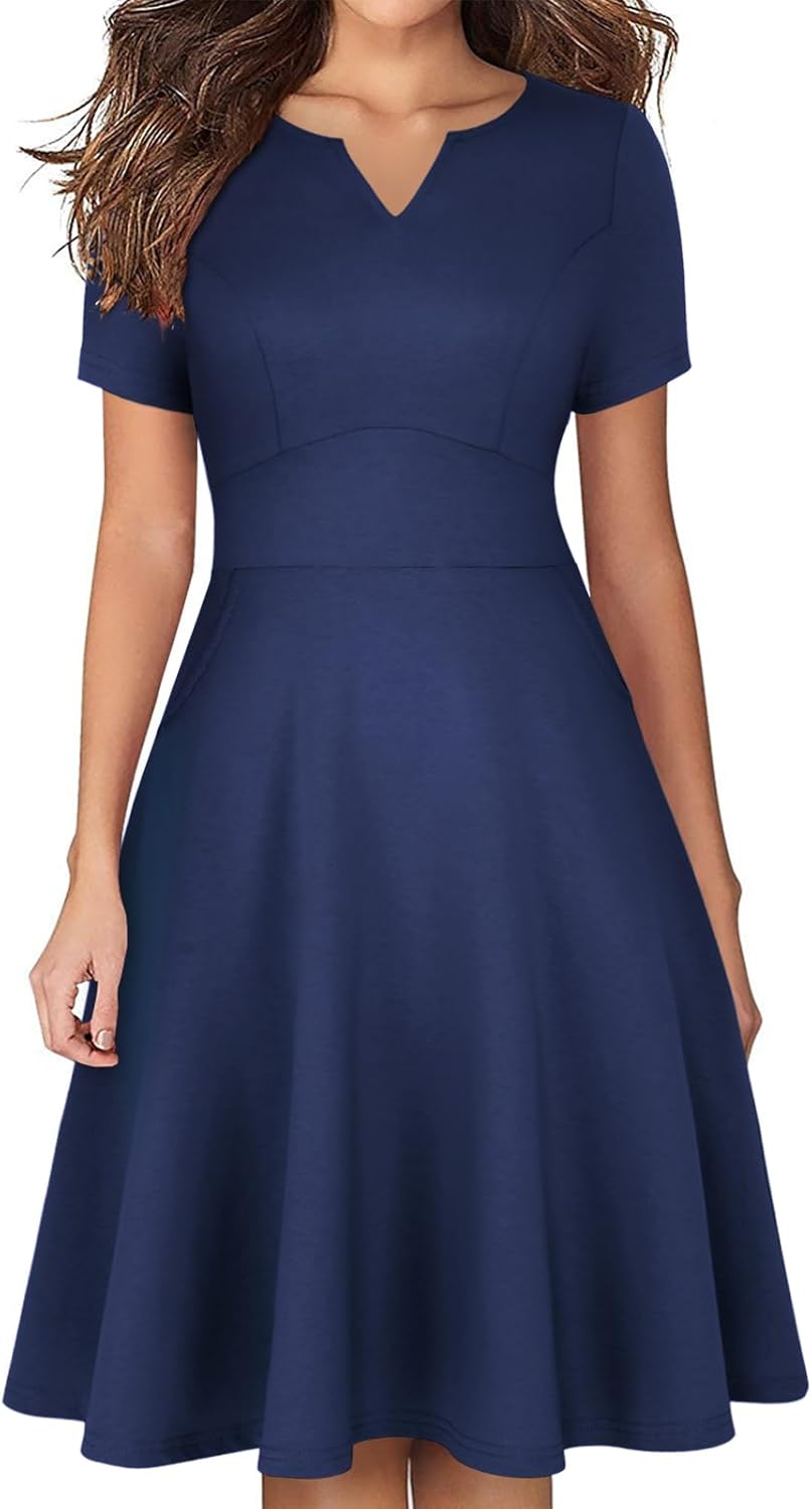YATHON Women's Short Sleeve Vintage A Line Dress Fit and Flare Summer Cocktail Party Work Dresses with Pockets