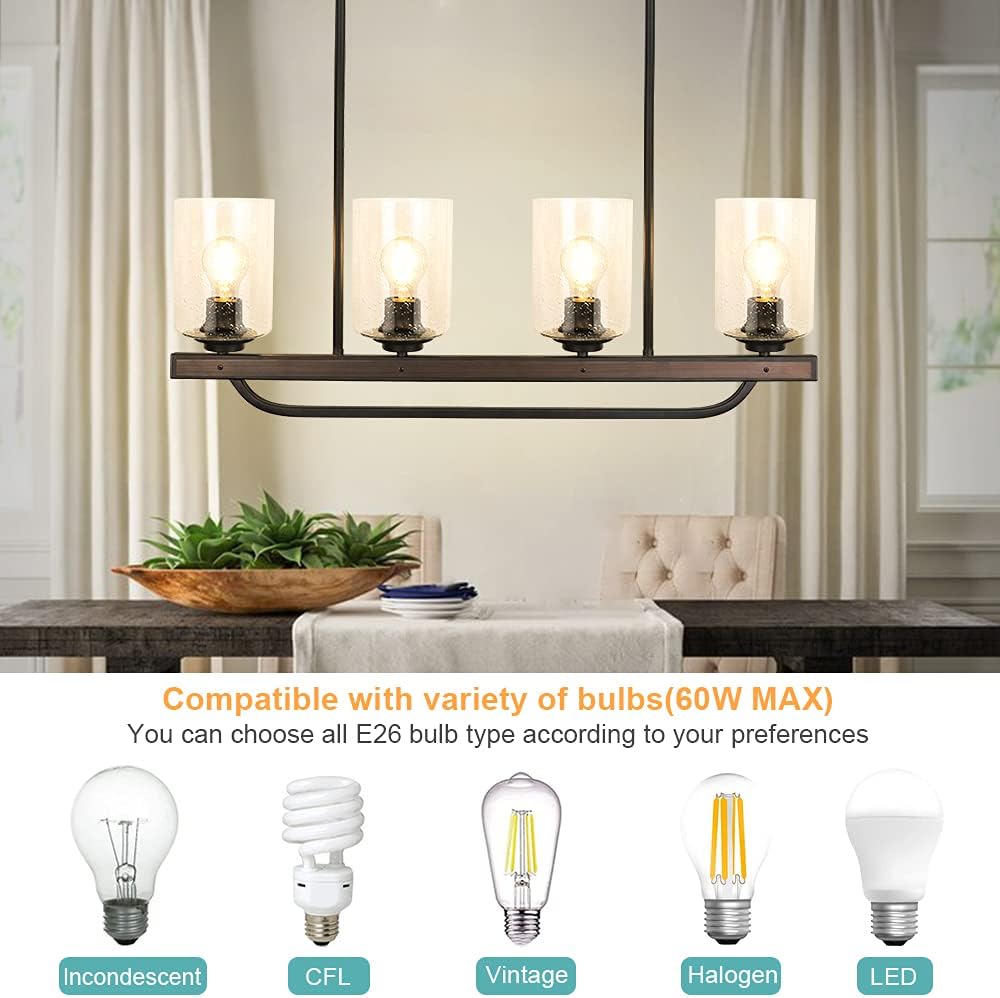 Depuley 4-Light Adjustable Kitchen Island Pendant Light Fixture, Rustic Metal Wood Chandelier Lighting Fixture Hanging with Glass Shade for Dining Room, Living Room, Restaurant, E26 Base - - 