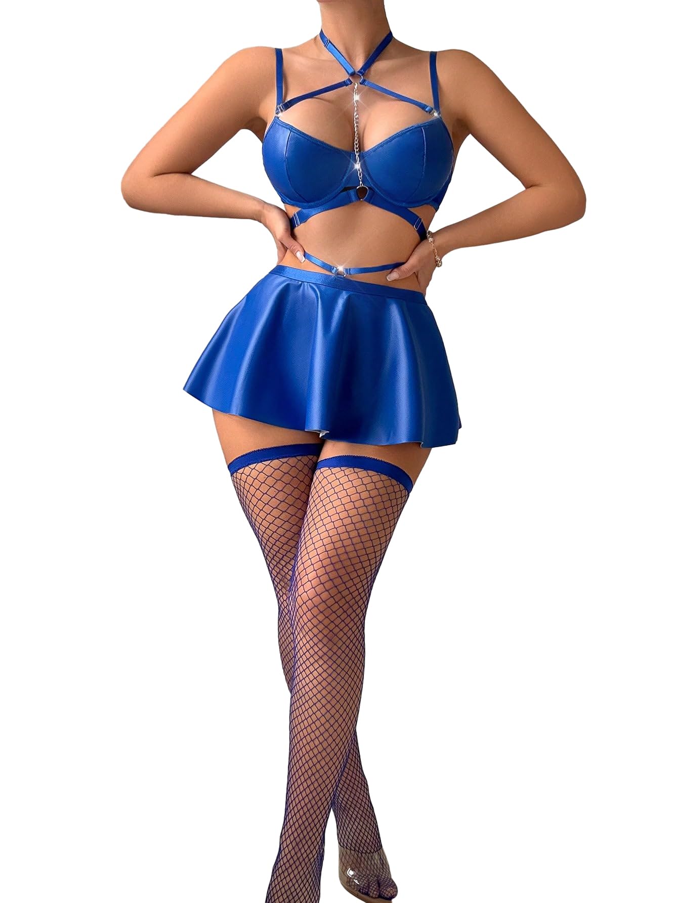 Foxiny Sexy Stocking Chain Strappy Pu Leather Underwire Choker Mini Skirt Dress Lingerie Set with Thong 4 Piece Outfits: Medium Royal Blue