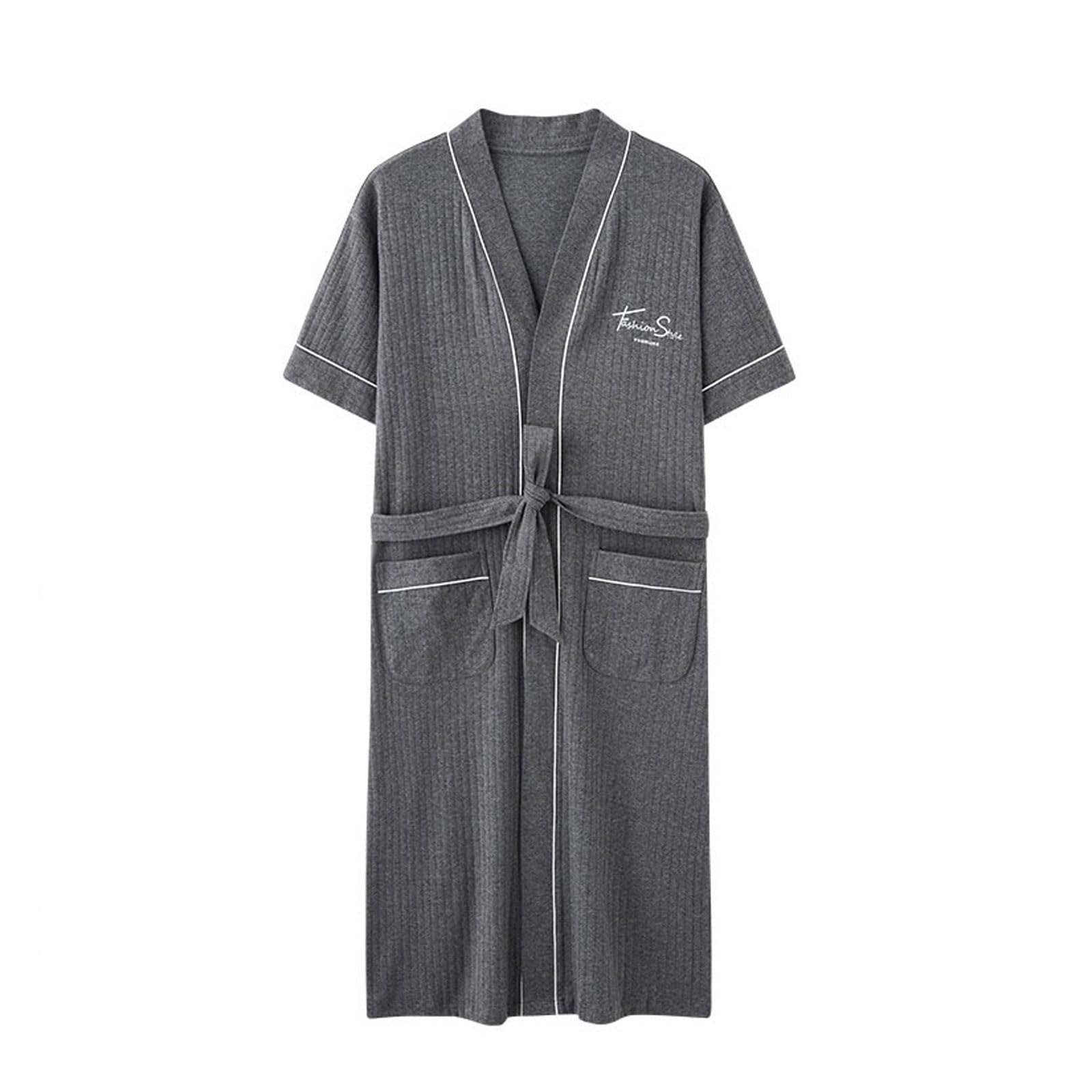 Guoyoocc Men's Dark Gray A Dressing Gown Short Sleeve Bathrobe Nightgown Cotton Knit Long Robe V Neck Kimono Robes Sleepwear Loungewear Lightweight Housecoat Nightgown For Hotel Spa Party