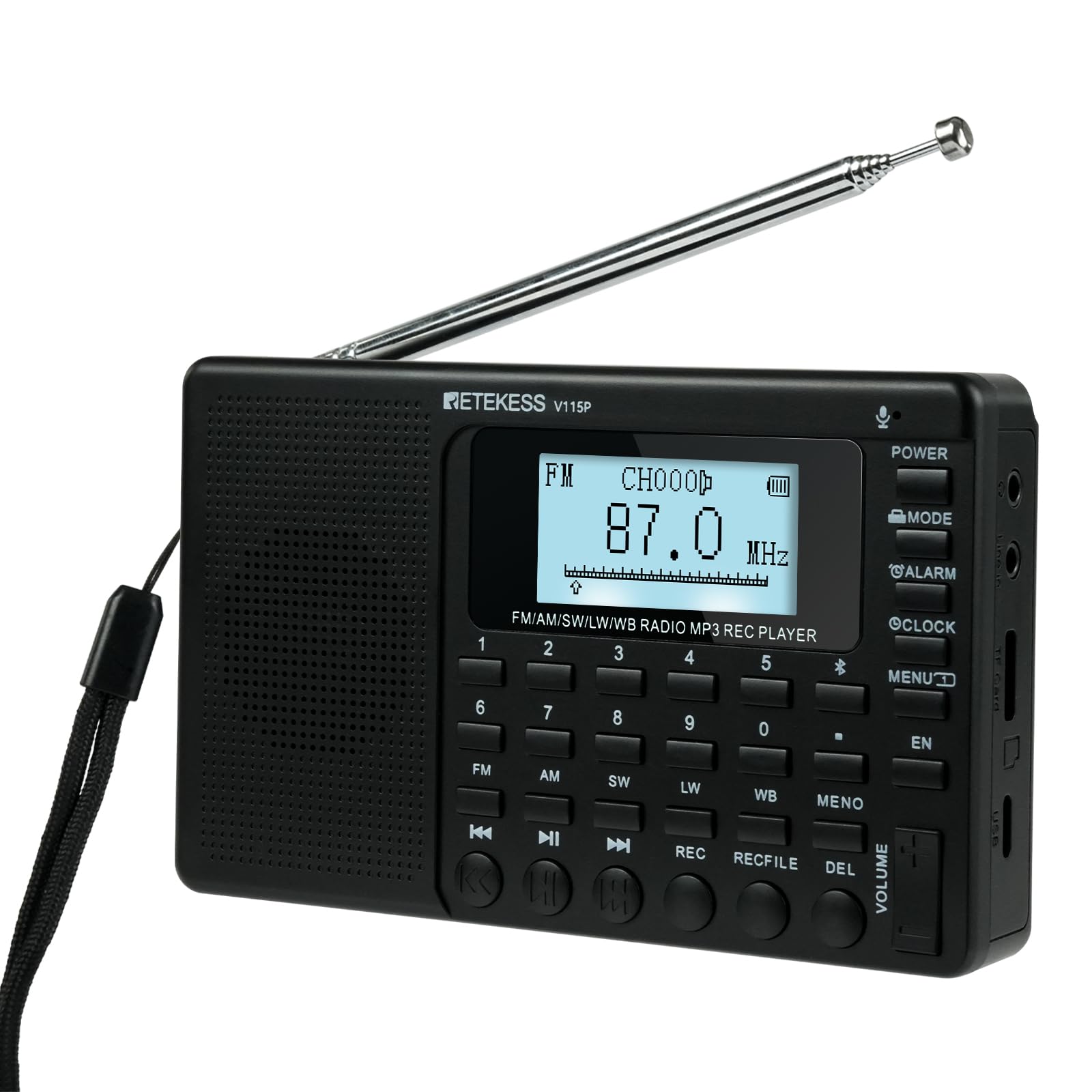 Retekess V115P Tragbares Digitales Radio,Radio Batteriebetrieben,AM FM SW LW WB,1800mAh Wiederaufladbare,TF/AUX,Aufnahme, Taschenlampe, Sleep-Timer, Wecker, für Notfälle, Camping