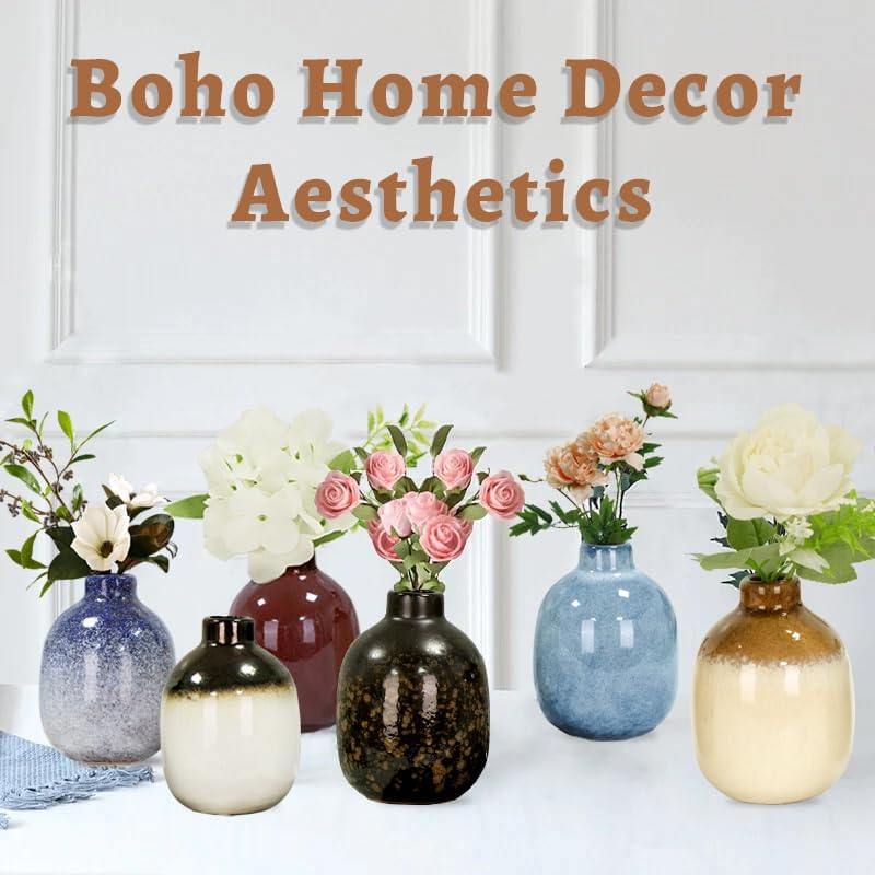 Miniatura 7 de SeekElgant - Juego de 6 jarrones pequeños de cerámica para decoración moderna del hogar, jarrones secos rústicos bohemios, multicolor, mini jarrón