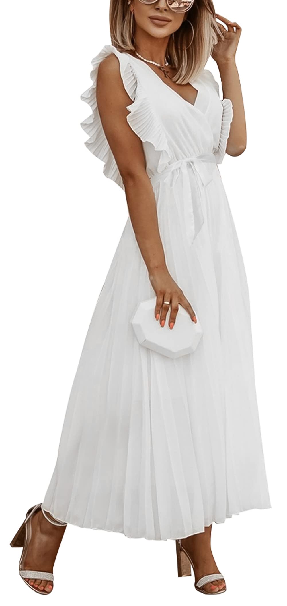 FEOYAWomen’s Sexy Chiffon Ruffle Maxi Dress Sleeveless Elegant Deep V Neck Pleated Dress Summer Beach Long Dress