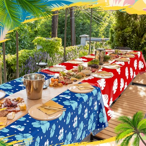 Image of Oudain 2 Sheets Hawaii Hibiscus and Tropical Leaves Tablecloth Birthday Party Decorations Blue Alien Cartoon Table Covers for Birthday Party Supplies