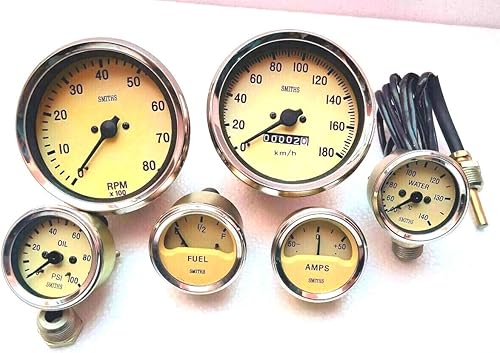 Smiths - Kit de medidores de réplica, aceite de temperatura, combustible, medidor de amperios, velocímetro, tacón, 3.937 in, con bisel cromado de