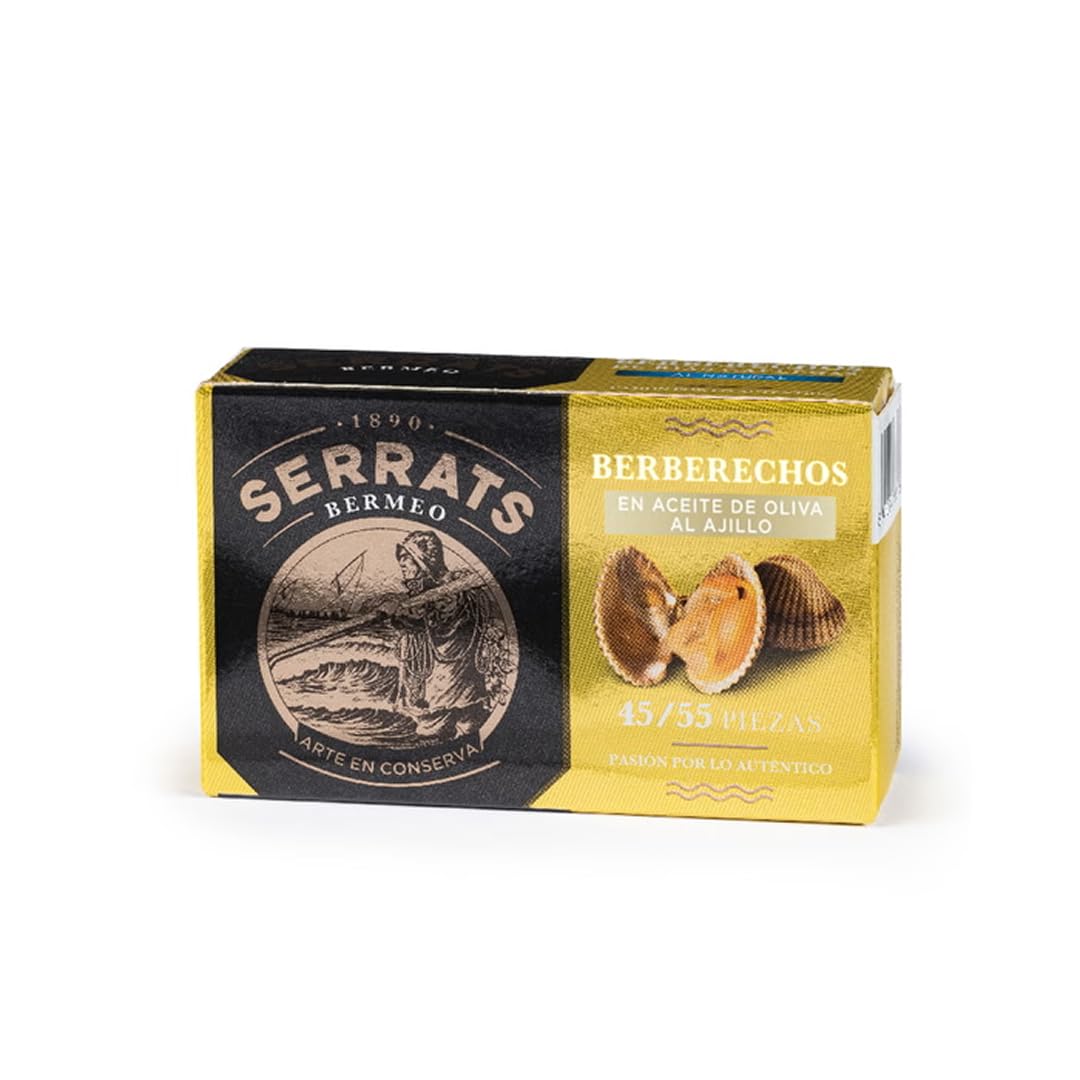 CONSERVAS SERRATS - Berberechos en Aceite de Oliva al Ajillo 45/55 Piezas por Lata - 6 latas x 110g (Total: 660g) - Elaboración Artesanal desde 1890 - Sin Gluten, Rico en Omega 3