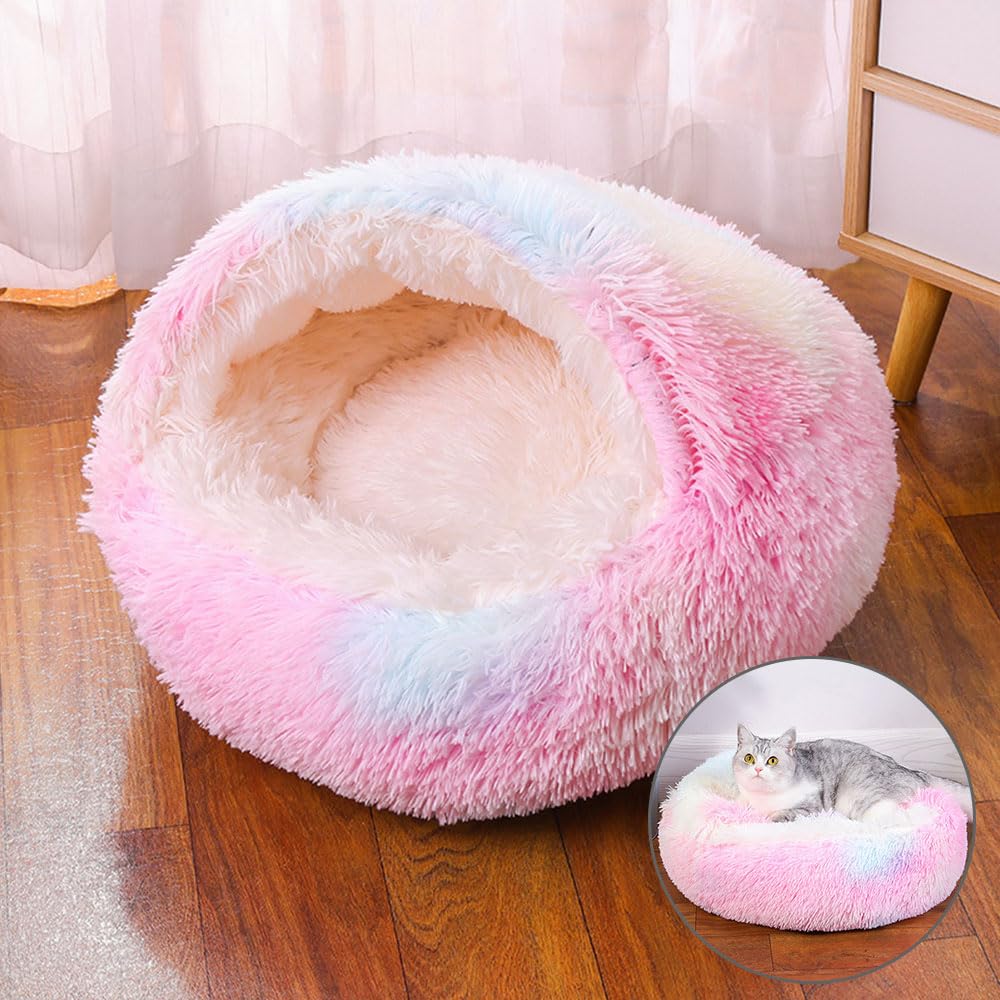 DOTBUY-SHOP Dog Bed Washable, Soft Comfy Cat Bed Felt Donut Dog Bed, Dual-Use Pet Bed With Slip-Resistant Bottom, Orthopedic Dog Beds Gift for Small Dogs and Cats (65cm,Rainbow)