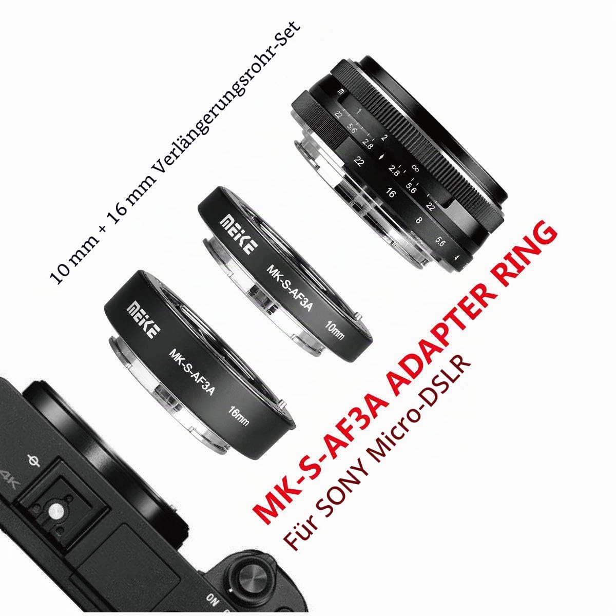 Meike MK-S-AF3A Metall Autofokus Makro Verlängerung Adapter für Sony E-Mount Ring 10mm 16mm Kamera den Mirrorless Nex3 Nex5 Nex6 A6000 A6300 A6400 A6500 A7II A9 etc