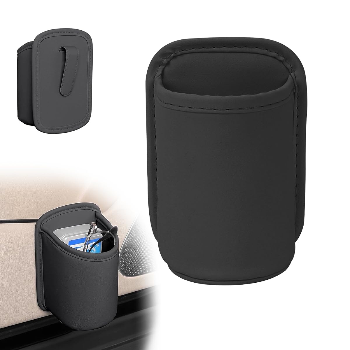 UrbanPulse ドリンクホルダー 車 カップホルダー PUレザー 車載シートバック＆ドアホルダー ドリンクホルダー ゴミ箱 収納ボックス 飲み物 スマホ・小物収納 取り付け簡単 車内整理 カー用品 ブラック