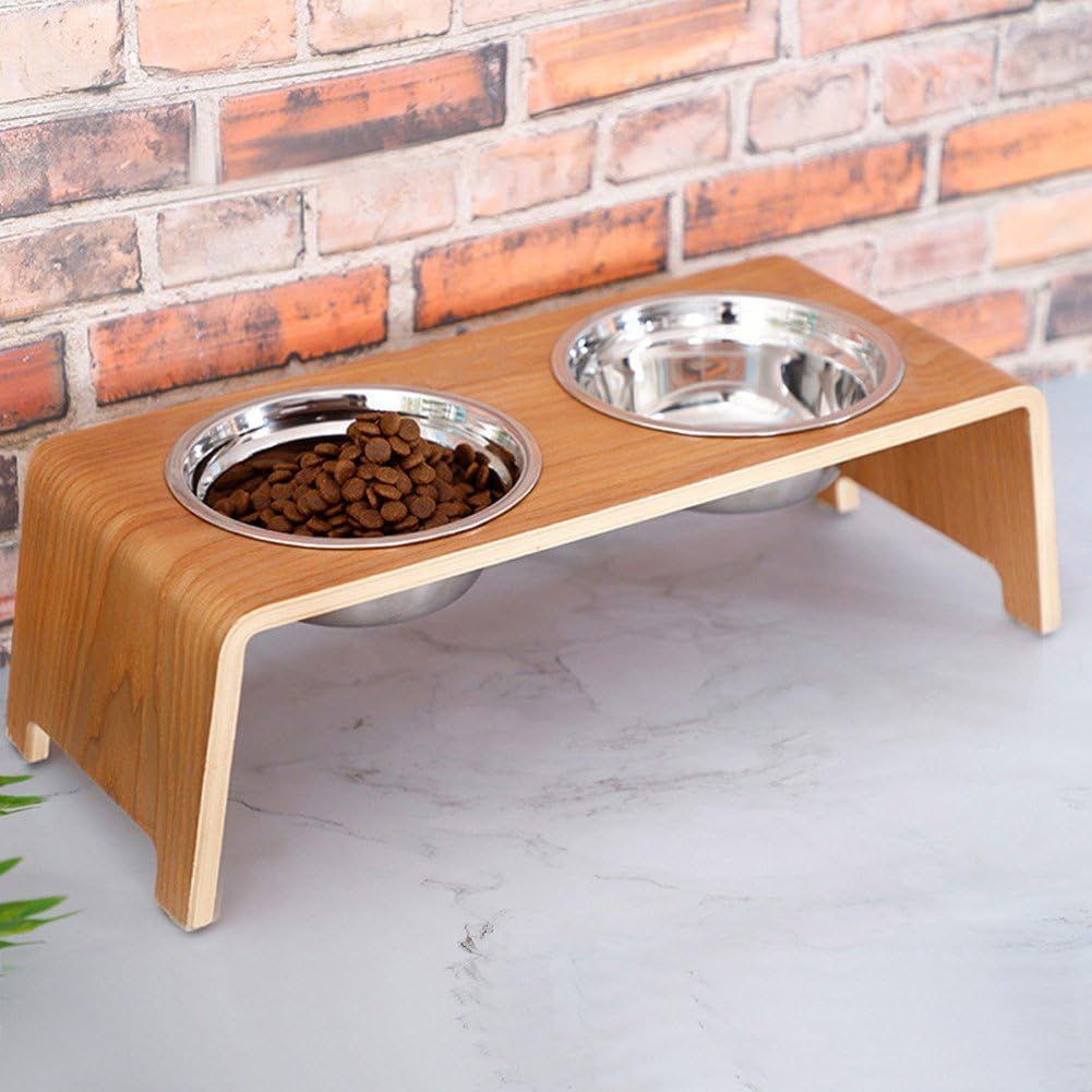 Cuencos Elevados para Mascotas con Soporte De Madera Cuencos Elevados para Gatos, Comedero para Mascotas, Bebedero para Perros Pequeños Y Gatos con 2 Cuencos De Acero Inoxidable