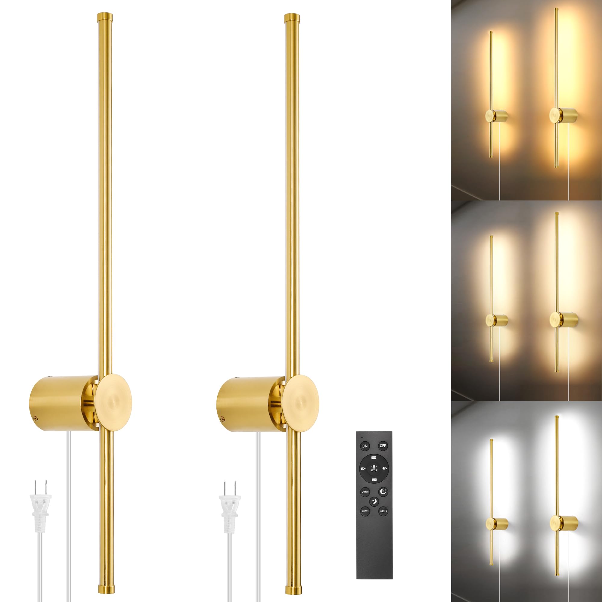 GOODATE Wall Sconces Set of Two with Remote, Stepless Colors 3000K-6500K & Stepless Dimming, Hardwire or Plug-in, 180Β° Rotate, LED Gold Plug in Wall Sconces with Timer & Night Light, 23.6 Inches