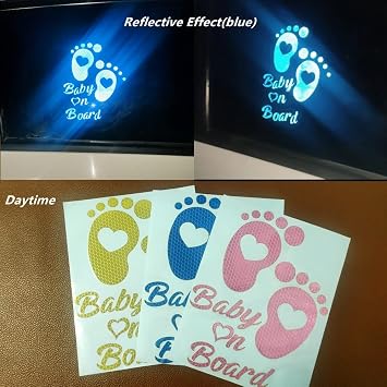 High Intensity Reflective Baby on Board Car Sticker Waterproof Cute Footprint Baby in Car Decal Safety Warning Sign Kids on Board Decal for Car Bumper Window (Pink)