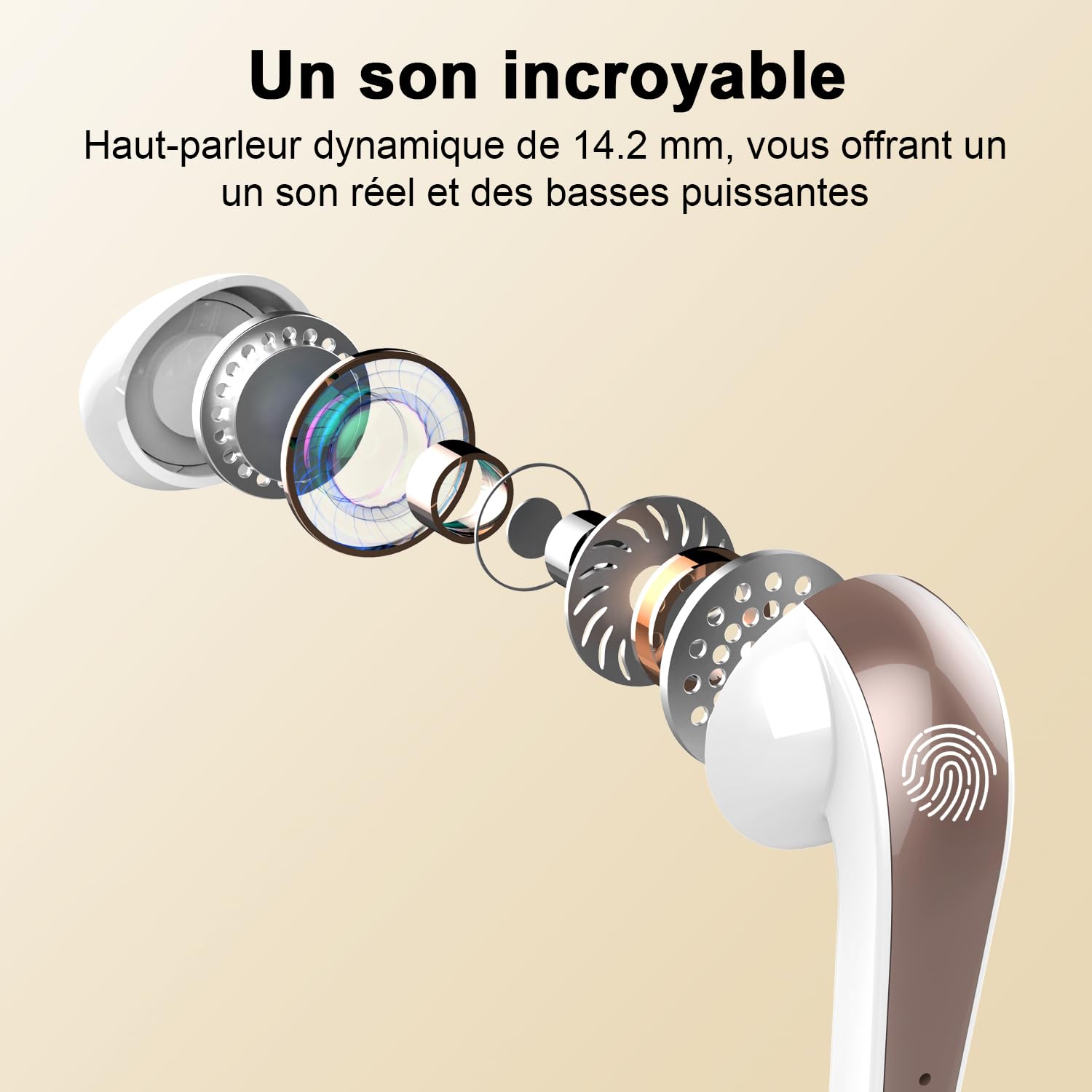 BESNOOW Ecouteurs Bluetooth sans Fil, Écouteurs Bluetooth 5.3 Oreillette Bluetooth Basses Immersives avec 4 ENC Mic, Casque Bluetooth sans Fil 40H avec Écran LED, Or Blanc