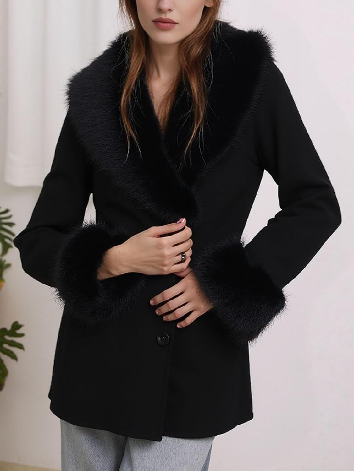Women Faux Fur Trench Coat Winter Mid Length Fleece Lined Pea Coat Belted Jacket with Fur Collar - Image 3