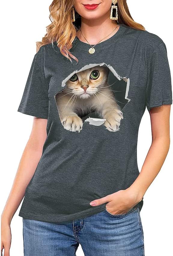 2025 Primavera Verano Nuevas Túnicas para Mujer Blusas de Cuello Redondo Señoras Casual Lindas Camisetas de Animales de Gato