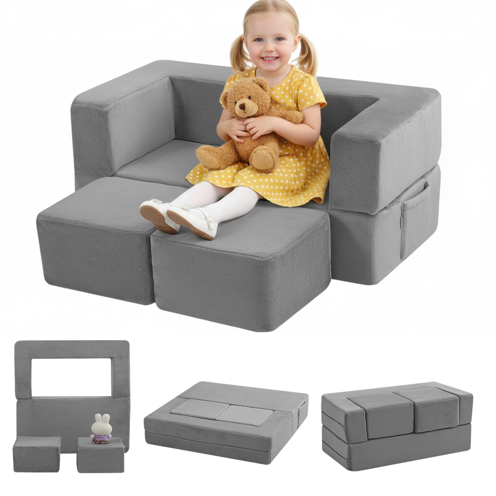 MeMoreCool Kids Play Couch Sofa – Grey Modular Convertible Foam Couch Soft Fold-Out Toddler Seating for Creative Play, Reading, Resting & Playroom Fun