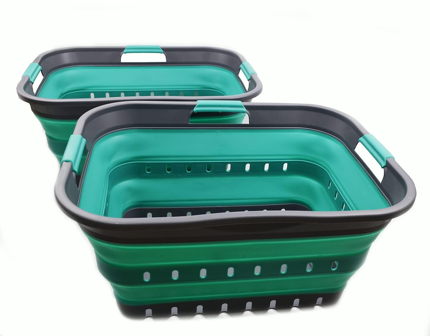 SAMMART - 42L Collapsible Plastic Laundry Basket - Foldable Pop Up Storage Container/Organizer - Portable Washing Tub - Space Saving Hamper/Basket (2, Grey/Turquoise Blue)