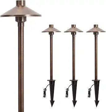 Gardencoin Solid Brass Low Voltage Pathway Lights (6.7'' Shade, 21.9'' Tall), 12V AC/DC Heavy Duty LED Landscape Path Lights Outdoor Wired, Antique Bronze Walkway Lights with Larger Stake, 4-Pack