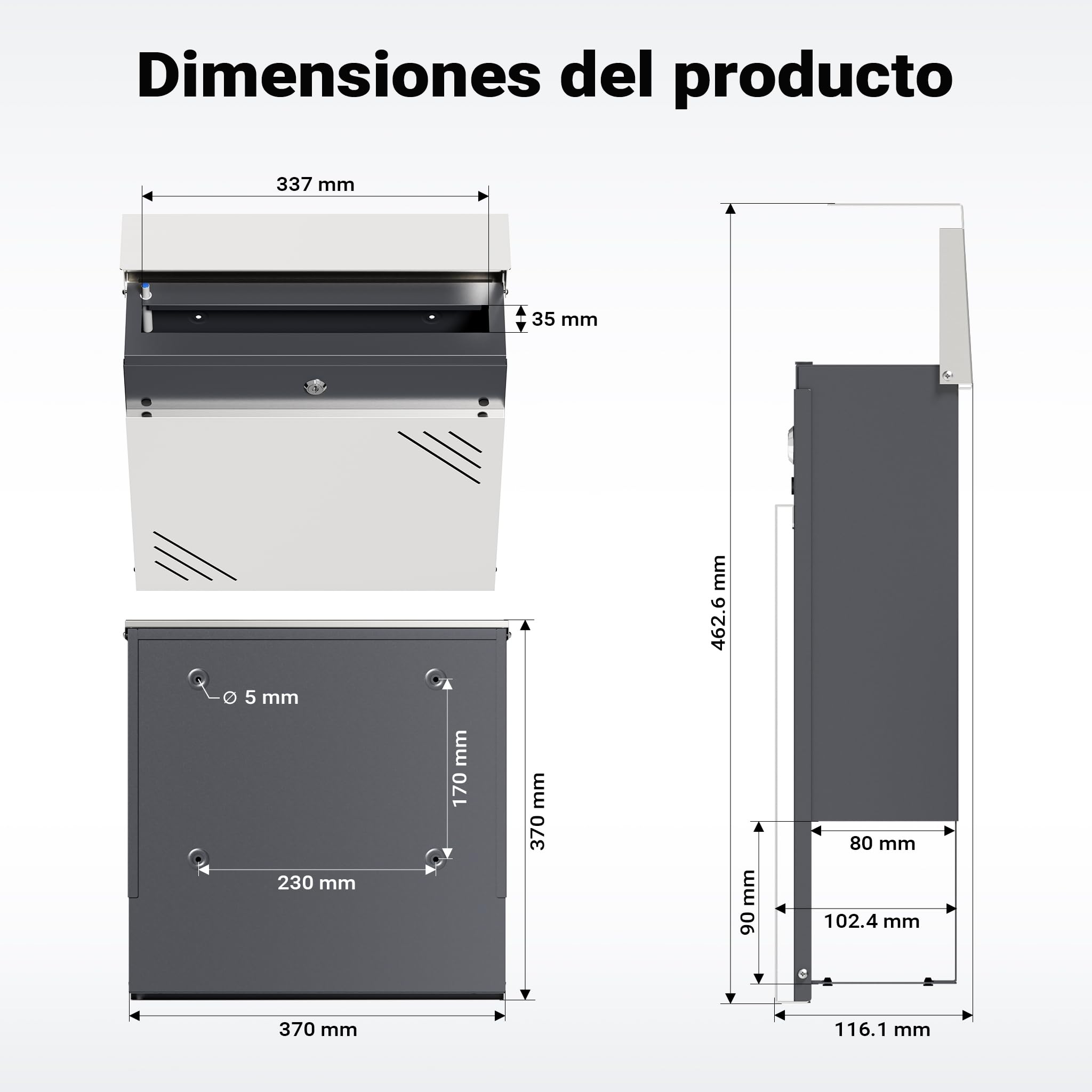 Wiltec Buzón de Pared V63 de Acero Inoxidable 37 x 11 x 37 cm, con Compartimento para periódicos y Llave