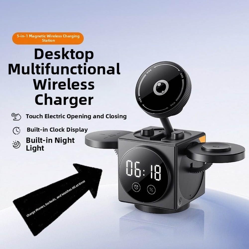 Cargador inalámbrico 3 en 1 para, estación de carga magnética de 15 W con soporte de luz de reloj para auriculares de reloj de teléfono uso simultáneo (gris oscuro)