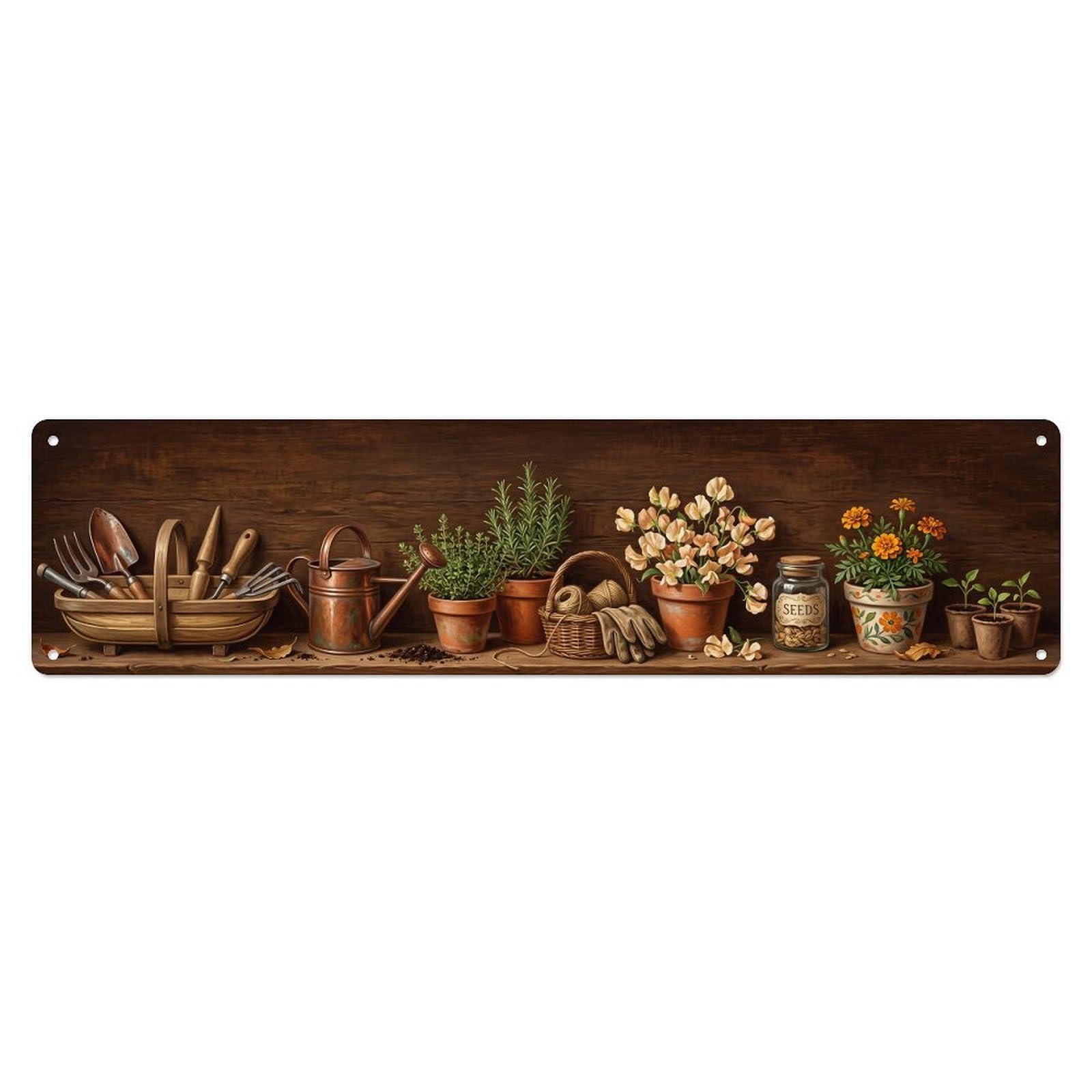 Floral Garden Tools Vintage Trug Tools Pattern Print Metal Tin Sign
