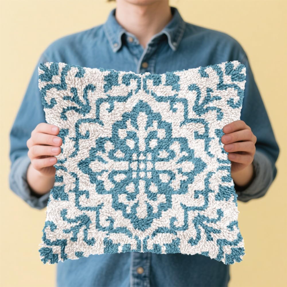 FREEBLOSS REEBLOSS 17x17 Knüpfset Für Erwachsene Und Anfänger Fliesenmuster Vorgedrucktes DIY Häkel Und Knüpfkissen Set Kissenbezug Für Die Sofadekoration Mit Anleitung