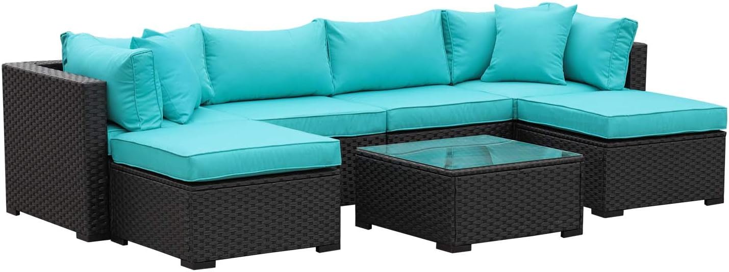 Outdoor Patio Rattan Wicker Sofa 7 Piece Sectional Conversation Furniture Set Black/Turquoise