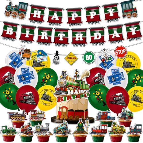 Lot de 32 décorations de fête de train vintage - Bannière d'anniversaire - Ballons de décoration de gâteau - Articles de fête sur le thème des enfants -...
