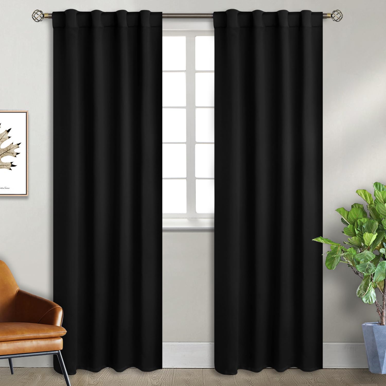BGment Black Curtains 84 inch for Bedroom - Rod Pocket and Back Tab Blackout Curtains Thermal Insulated Room Darkening Curtains for Living Room, 2