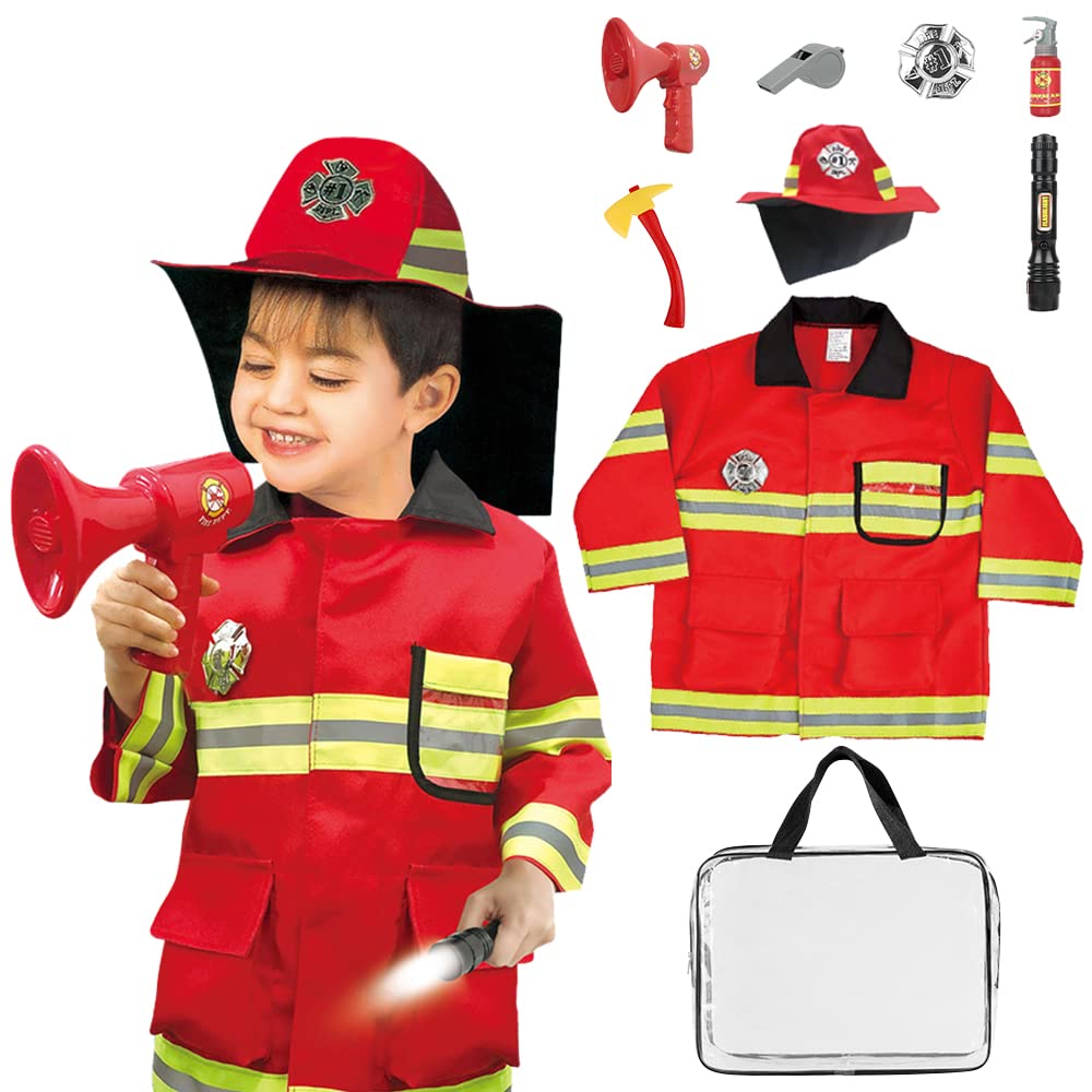 Jooheli Disfraz de bombero para niños, Disfraz de Bombero Juego, con Accesorios, Juego de Imitación, Disfraz de Halloween o Carnaval, Juego Creativo,para Niños Niñas Carnaval Halloween 3 4 5 6 Años