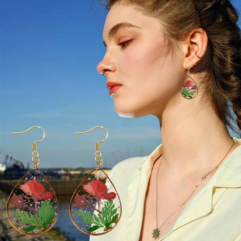 Dry Flower Teardrop Earrings for Women Handmade Pressed Flower Rose Earring Nature Plant Dry Flowers Hook Earring for Women Trendy Hypoallergenic Resin Drop Dangle Earrings for Mom Sister - Image 8