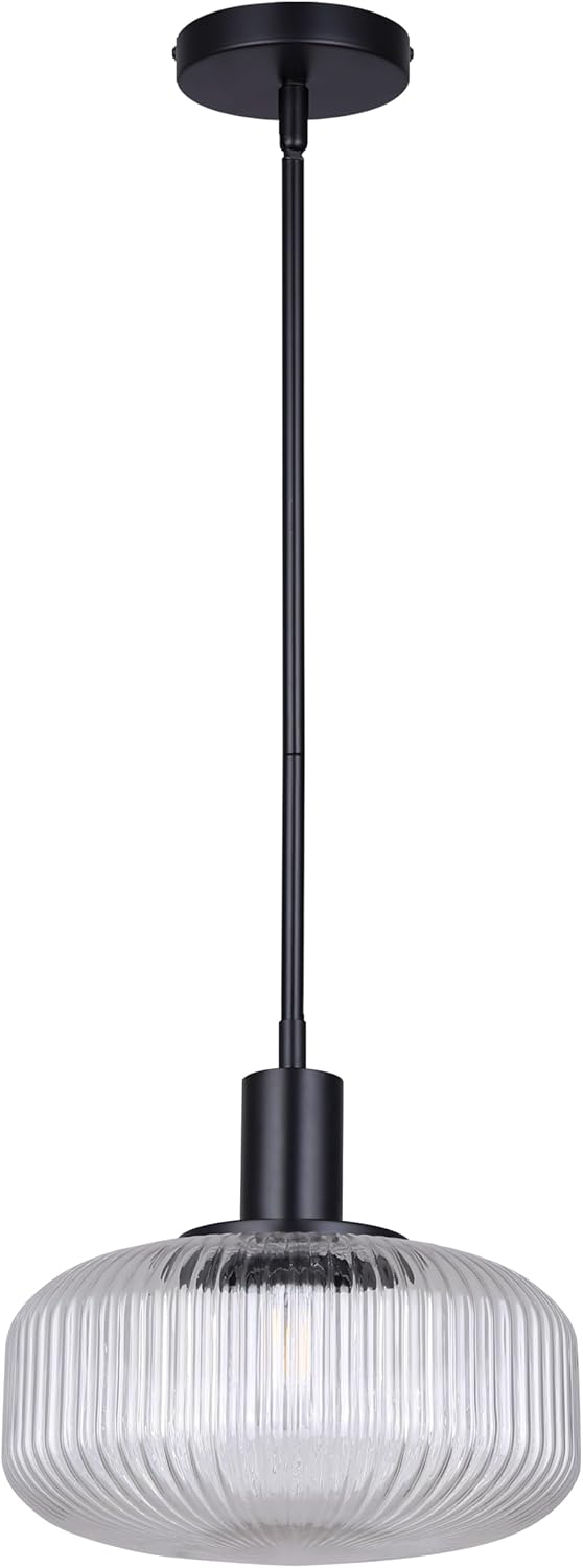 Ledger 1-Light Rod Pendant, Matte Black, Clear Ribbed Glass, Modern Scandinavian Minimalist, Adjustable Height, Kitchen & Dining Accent Lighting