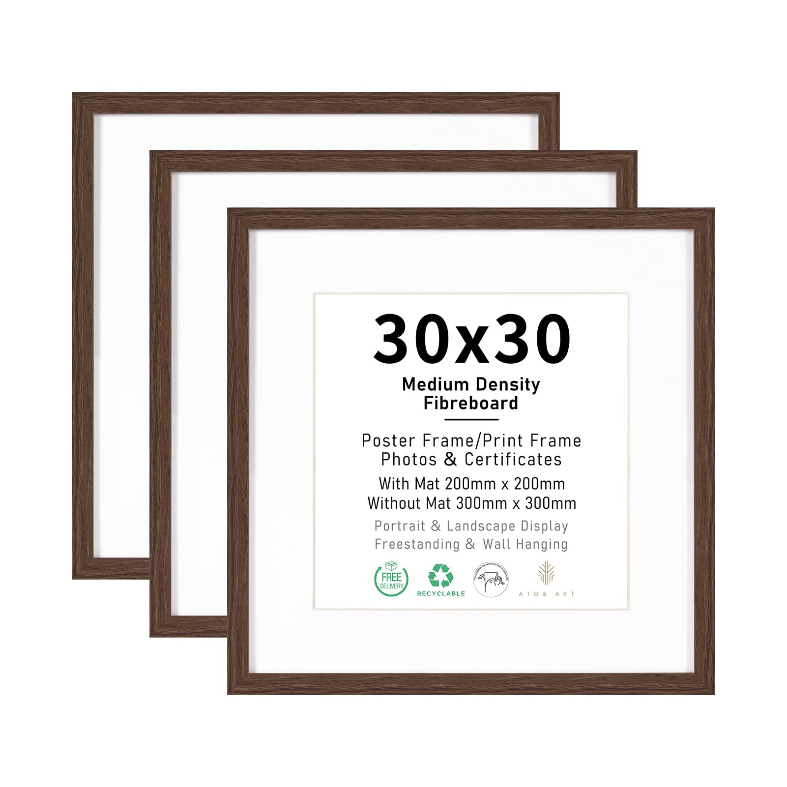 30x30 Picture Frame Set of 3, Display 20x20cm or 30x30cm Images, Brown Natural Wood Photo Frames for Wall Mounting Display โ image 1