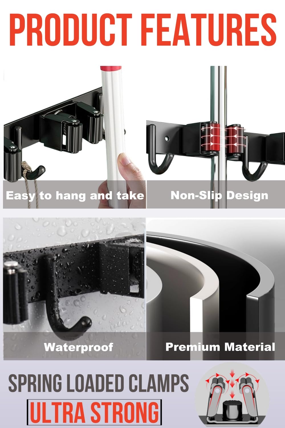 Soporte de pared para fregona y escoba, soporte de pared mejorado, organizador de escobas de acero inoxidable para armario, garaje, lavandería, cocina, decoración de pared (5 estantes, 4
