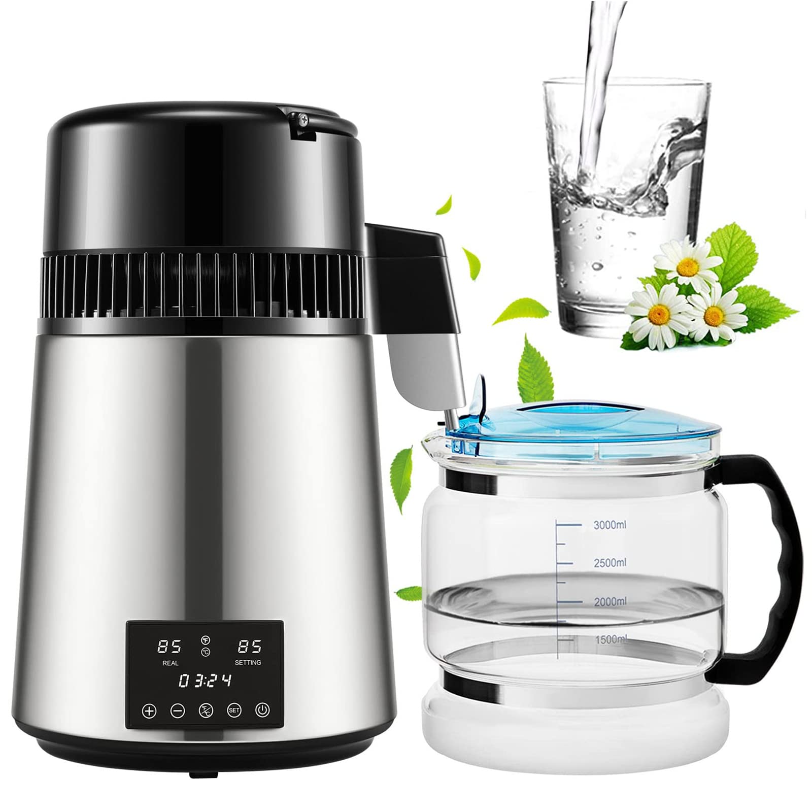 WRQzxcvWater Distiller, 4L Distilled Water Maker with Dual Temp Display & 0-99 H Timing, 750W Countertop Water Purifier for Household/Laboratory