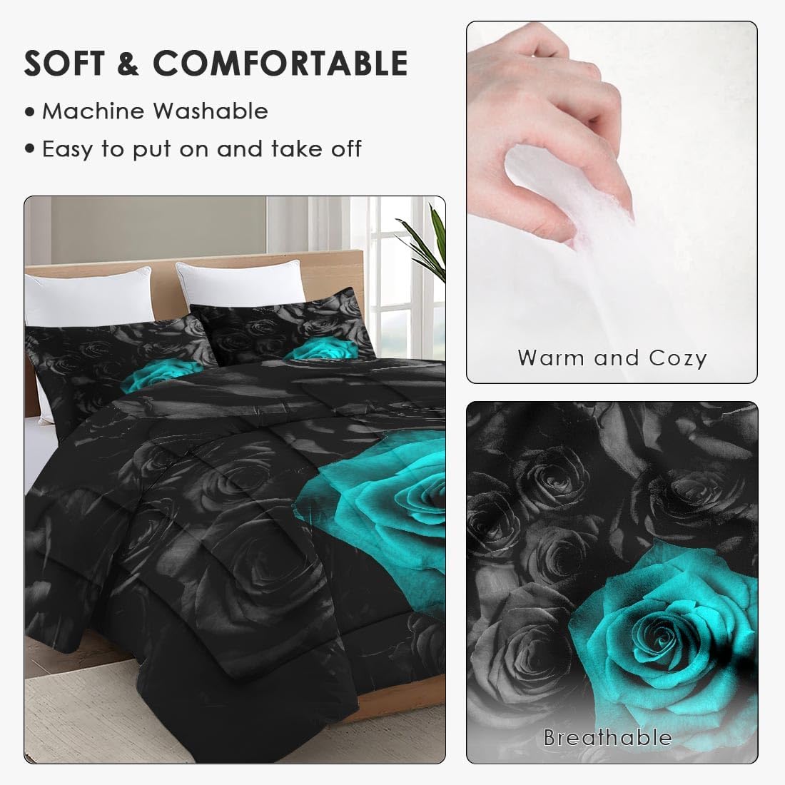 Queen Size Comforter Set with 2 Pillowcases, Cyan Rose Flower 3 Pcs Bedding for Kids and Adults, Summer Vintage Floral Soft Comforter Set for Bedroom Bed Decor Queen Multi 43 image 5 of 7 B0CN36Y6B5