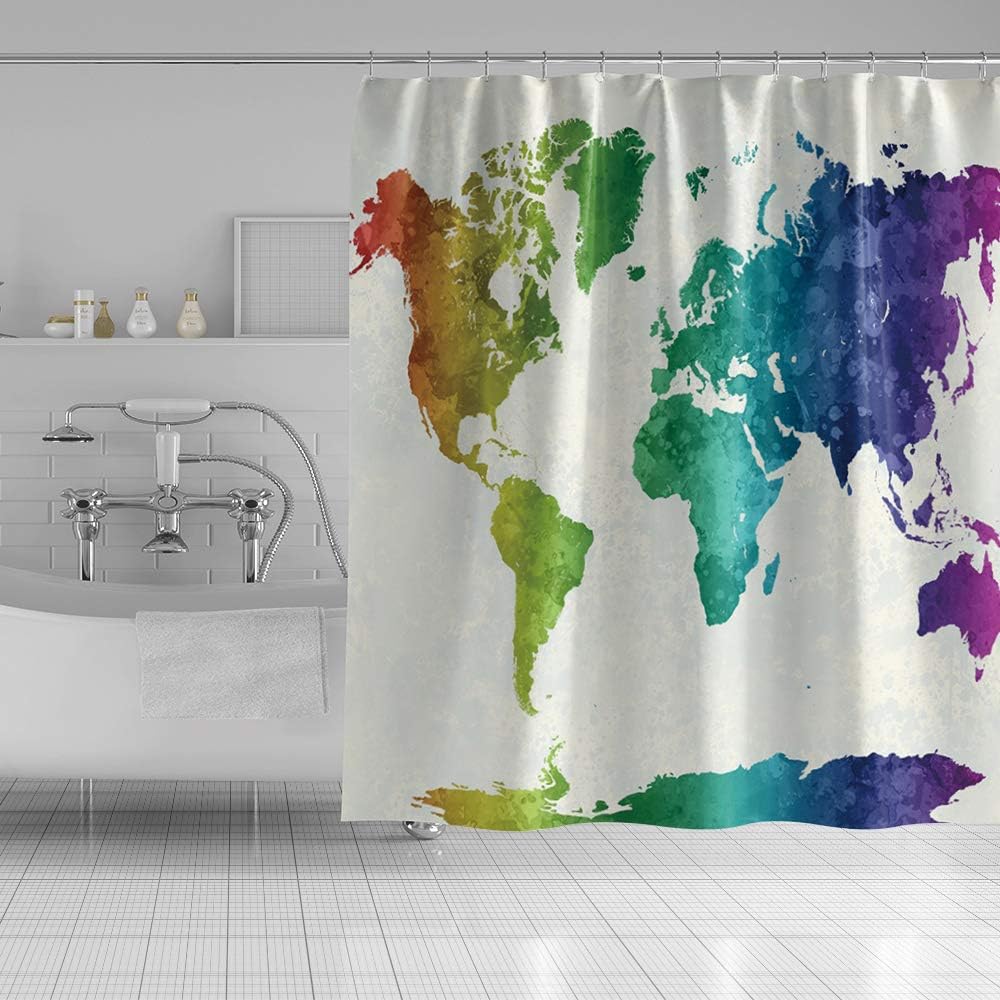 OERJU 72x72inch Colorful World Map Shower Curtain Beautiful Elegant Texture Modern Abstract Art White Base Waterproof Fabric Polyester Bathroom Curtain Bath Accessories Hotel Quality with Hooks