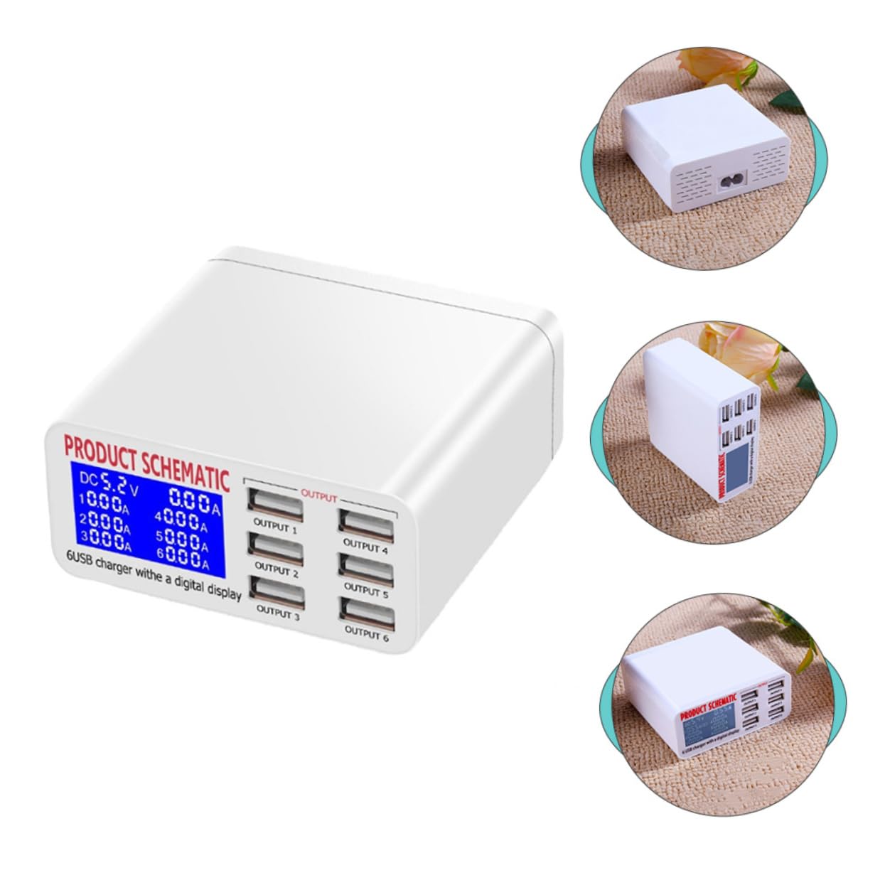 Mipcase Estación de Carga Inteligente USB de 6 Puertos Pantalla LCD, Adaptador de Corriente Multipuerto de 40w, Material Abs y PC para Carga Rápida y Segura