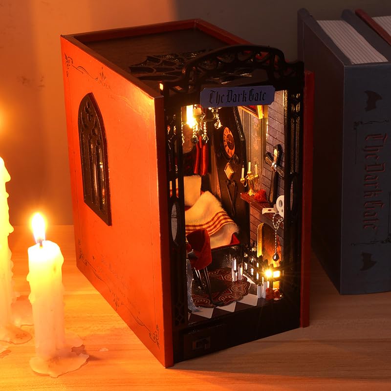 Cjeuxnr DIY Book Nook Kit, Miniature Magic Theme Bookend Bookshelf Model 3D Wooden Puzzle Build House Kit with Furniture and LED Light, Box Creative Dollhouse kit