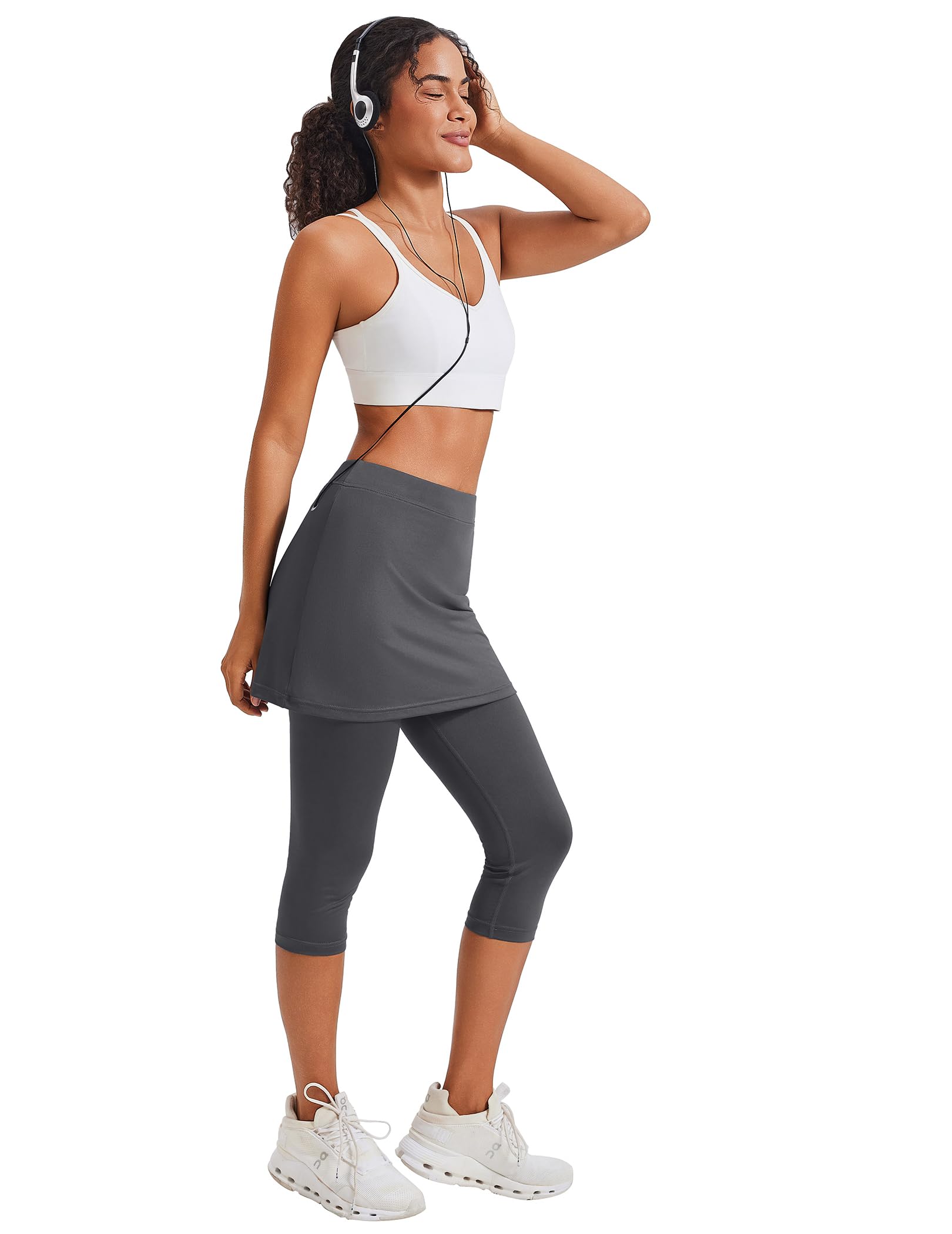 PINSPARK Jupe de Tennis pour Femme, Taille Haute, Short intégré sous Le Genou, Culotte 2 en 1, Jupe-Short de Course, Pantacourt Moulant, Pantalon de Yoga 3/4 avec Poches et Sortie pour écouteurs