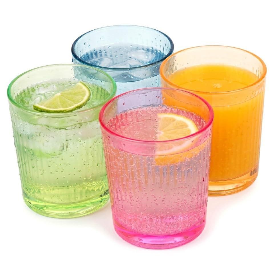 Queensway Home & Dining 360ml Coloured Drinking Glasses Set Retro Water Juice Cups, Ribbed or Smooth Glassware, Lead-Free Tumblers for Home Dining & Bar - Ribbed Set of 4