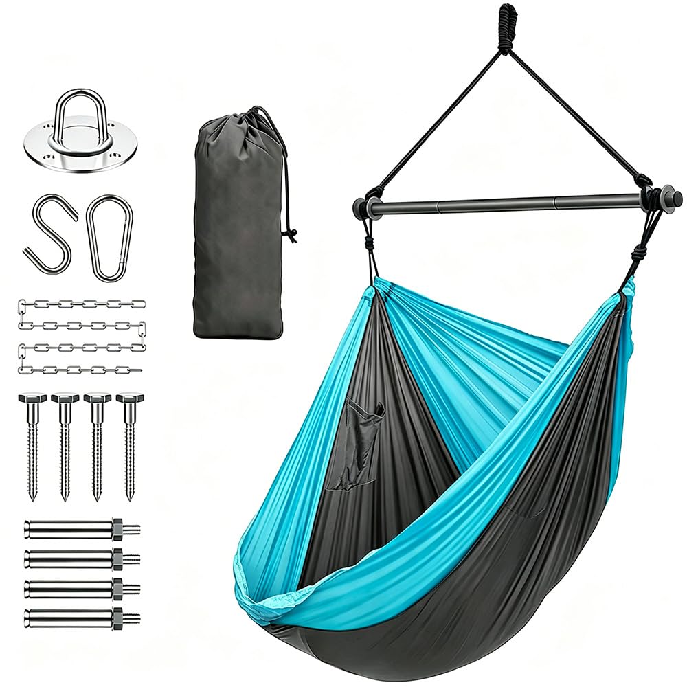 Amaca sospesa, sedia sospesa con capacità di 150 kg, altalena per interni ed esterni con viti di fissaggio, altalena portatile per campeggio, viaggi, escursionismo, tenda e portico (celeste)