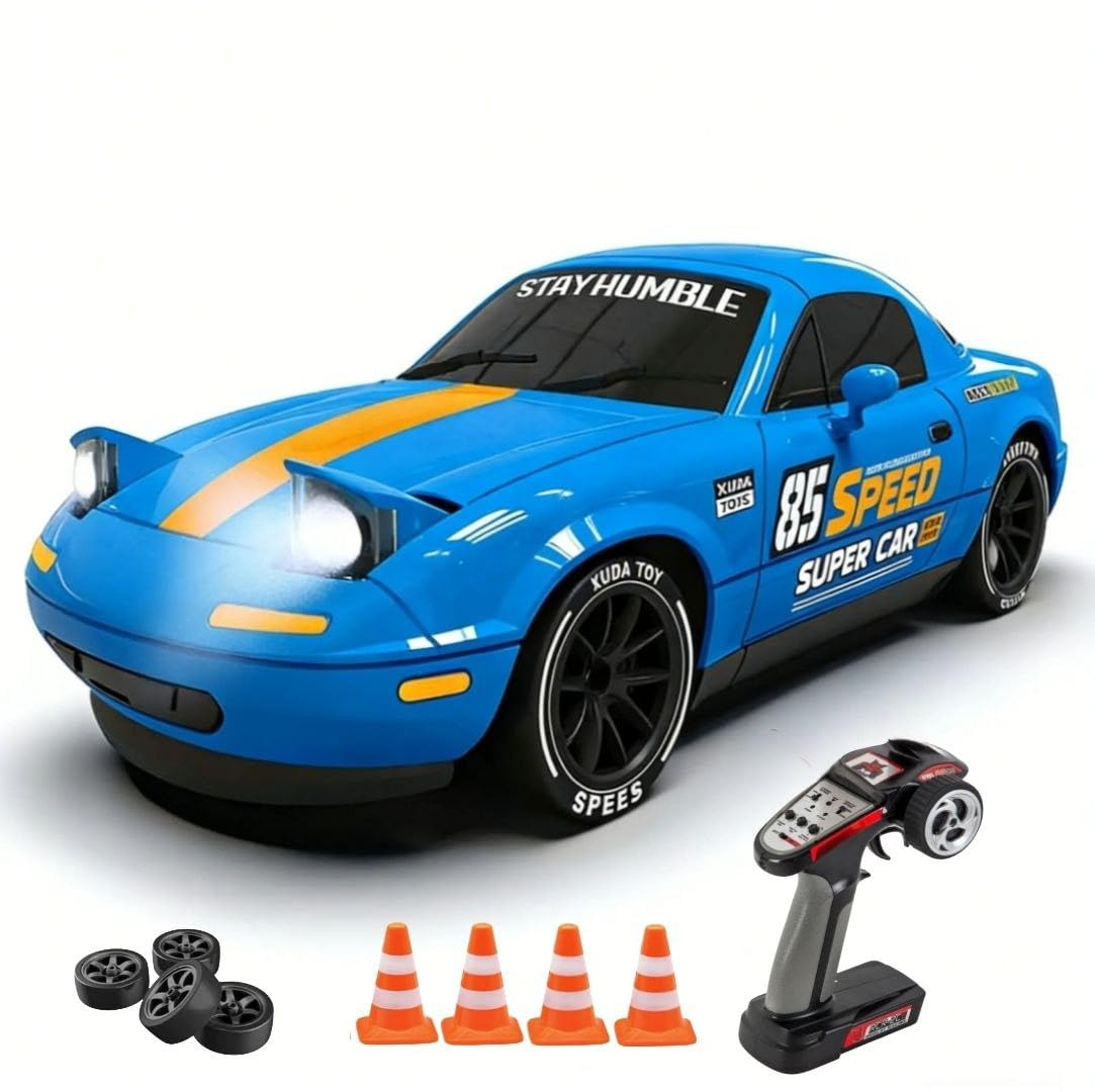 RC Drift Car 1:14 Scale 4WD High-Speed Remote Control Car with LED Lights 2.4GHz Rechargeable Drift Racing Car with Extra Tires & Cones Toy for kids [Colors as Per Stock] (Mazada Rc Drift -Blue)
