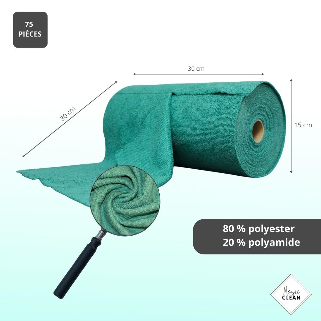 Phoenix Rotolo in microfibra, confezione da 75 panni in microfibra, riutilizzabili, in microfibra, per uso domestico e auto, pulizia senza traccia, 30 x 30 cm, spessi e assorbenti, colore: verde